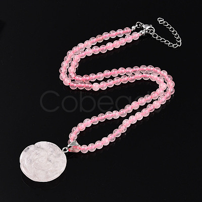 Natural Rose Quartz 4.5mm Round Beaded Flower Pendant Necklaces NJEW-T016-04O-1