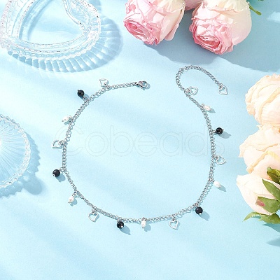 Natural Black Agate(Dyed & Heated) & Natural Pearl & 304 Stainless Steel Heart Tassel Curb Chain Necklaces NJEW-JN05342-1