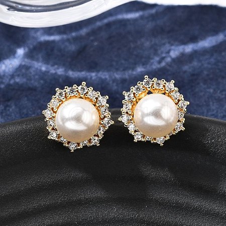 Round Brass Micro Pave Clear Cubic Zirconia Stud Earrings EJEW-C154-07G-1