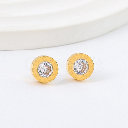 Flat Round 304 Stainless Steel & Crystal Rhinestone Stud Earrings for Women EJEW-G459-02G-1