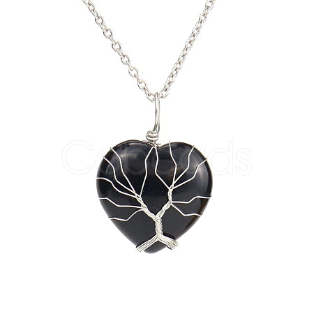 Natural Obsidian Heart Pendant Necklaces PW-WG58330-09-1