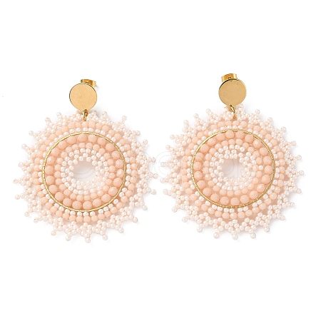 Woven Glass & Brass Beaded Sun Dangle Stud Earrings EJEW-A105-02G-1