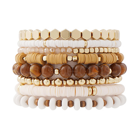 8Pcs Polymer Clay Heishi & CCB Plastic & Glass Beaded Stretch Bracelets Set For Women FS-WGAEA5C-06-1