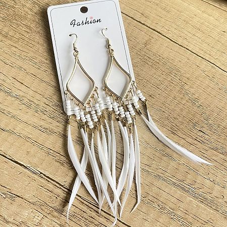 Bohemian Style Alloy Glass Seed Beaded Feather with Rhombus Chandelier Earrings FS-WG1E384-07-1