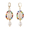 Natural Shell and Pearl Wrapped Dangle Hoop Earrings EJEW-TA00049-1