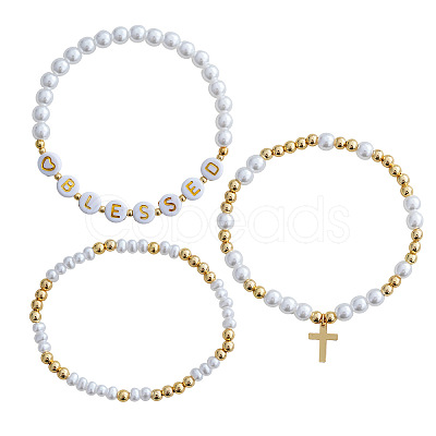 3Pcs Imitation Pearl Letter & Metal Cross Multi-Strand Bracelet Sets NP1361-1