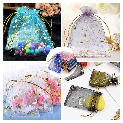 100Pcs 10 Colors Star & Moon Printed Organza Gift Bags OP-YS0001-02A-1