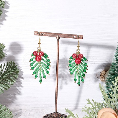 Christmas Leaf Glass Pearl Dangle Earrings EJEW-TA00739-1