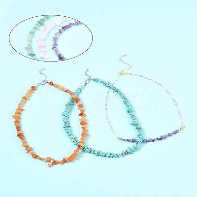 Natural Red Aventurine & Green Aventurine & Amethyst & Rose Quartz & Synthetic Turquoise Chips Beaded Necklaces NJEW-FS00013-1