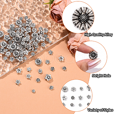 120Pcs 12 Styles Tibetan Style Alloy 3D Flower Beads FIND-YW0009-60-1