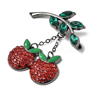 Cherry with Leaf Alloy Rhinestone Hanging Chain Brooch for Backpack Clothes JEWB-L026-07B-1