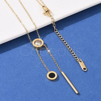 304 Stainless Steel Crystal Rhinestone Flat Round Pendant Y Necklaces NJEW-V001-03G-1