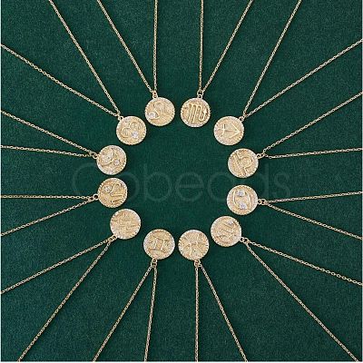 925 Sterling Silver 12 Constellation Necklace Gold Horoscope Zodiac Sign Necklace Round Astrology Pendant Necklace with Zircons Birthday Jewelry Gift for Women Men JN1089G-1