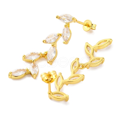 Leaf Brass Micro Pave Clear Cubic Zirconia Dangle Stud Earrings EJEW-F348-02G-1