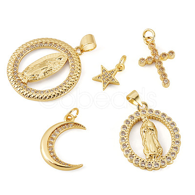 5Pcs 5 Styles Rack Plating Brass with Cubic Zirconia Pendants KK-TA0008-64-1