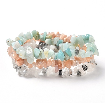 Chips Natural Rutilated Quartz & Flower Amazonite & Sunstone Beaded Stretch Bracelets Sets BJEW-JB05332-06-1