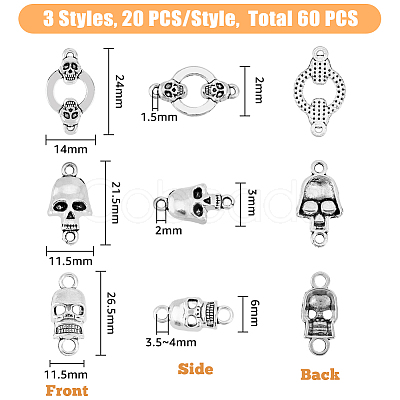 SUPERFINDINGS 60Pcs 3 Styles Tibetan Style Alloy Connector Charms FIND-FH0005-97-1