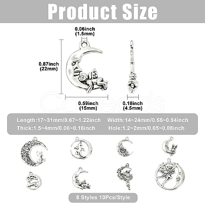80Pcs 8 Styles Moon Theme Tibetan Style Alloy Pendants FIND-CJ0005-60-1