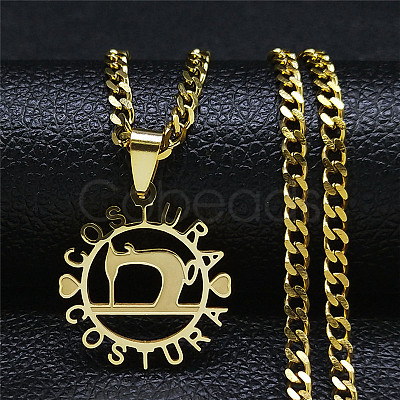 201 Stainless Steel Costura Sewing Machine Holloe Pendant Necklaces NJEW-K283-28G-1