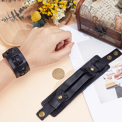 2Pcs 2 Styles Cowhide Cord Wide Cord Bracelets BJEW-CL0001-38A-1