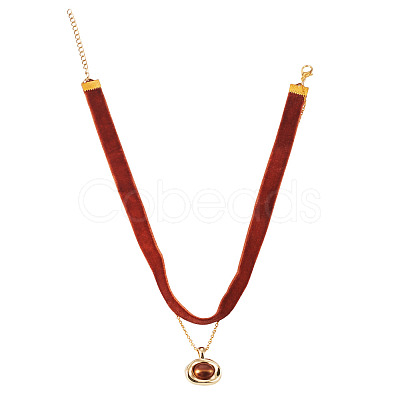 Alloy Resin Oval Pendant Single Face Dark Red Velvet Ribbon & Brass Chain Double Layered Choker Necklaces NJEW-TAC0038-1