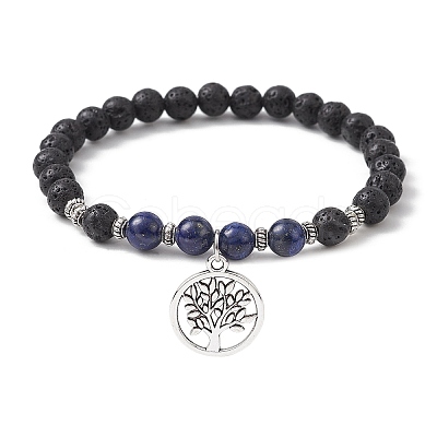 Natural Lava Rock & Natural Lapis Lazuli Gemstone Round Beaded Stretch Bracelet BJEW-JB09767-02-1