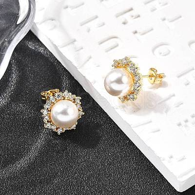 Round Brass Micro Pave Clear Cubic Zirconia Stud Earrings EJEW-C154-07G-1