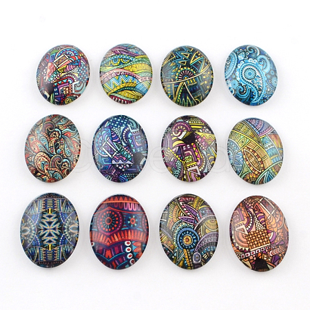 Mixed Pattern Glass Oval Flatback Cabochons for DIY Projects X-GGLA-R022-40x30-100-1