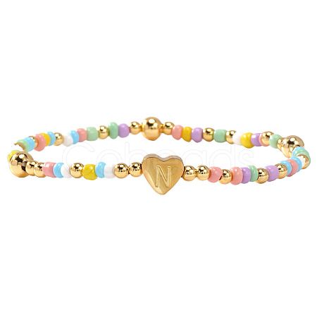 Summer Stainless Steel Heart Alphabet Colorful Glass Seed Beaded Stretch Bracelets for Women JV8929-40-1