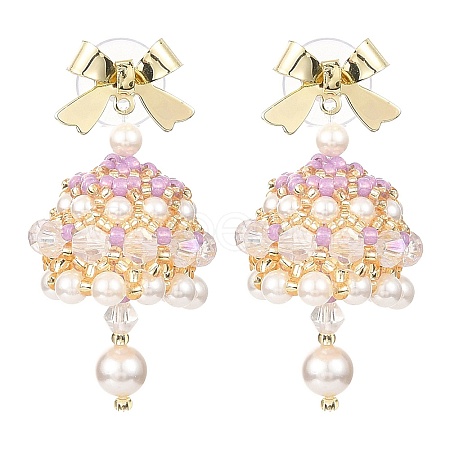 Naturla Shell Pearl Bell with Alloy Bowknot Dangle Stud Earrings EJEW-MZ00089-1