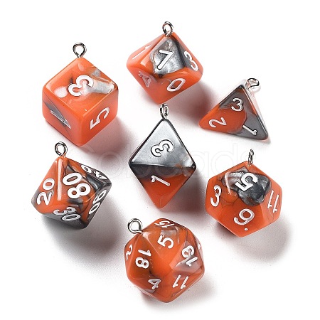 7 Styles Opaque Resin Polyhedral Dice Pendants Set RESI-A029-01T-1